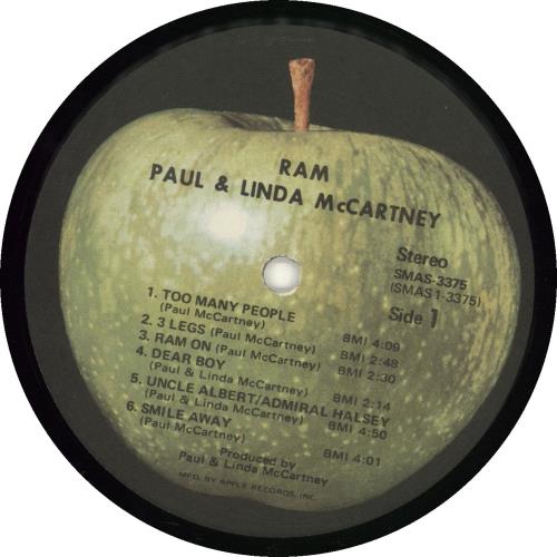 Paul McCartney and Wings Ram - Mfd by Apple Records Label Credit